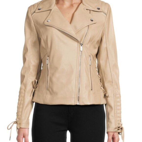 GUESS Women's Faux-Leather Asymmetric Moto Coat leather jacket  size XXL latte - Picture 1 of 12